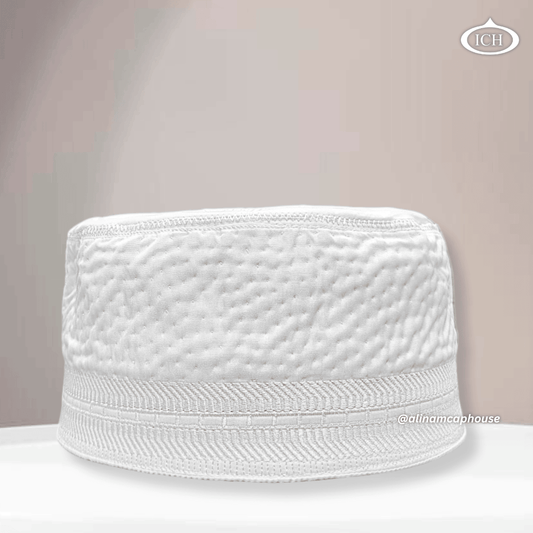 Al Inam Cap white, premium Islamic prayer cap, front view, soft breathable fabric, AL INAM CAP HOUSE