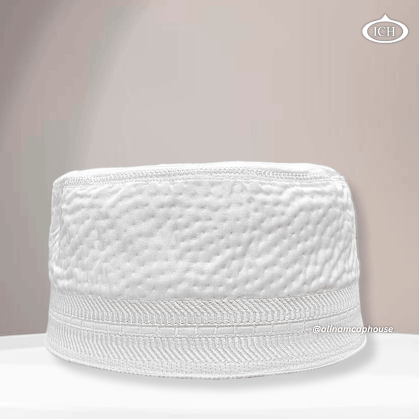 Al Inam Cap white, premium Islamic prayer cap, front view, soft breathable fabric, AL INAM CAP HOUSE
