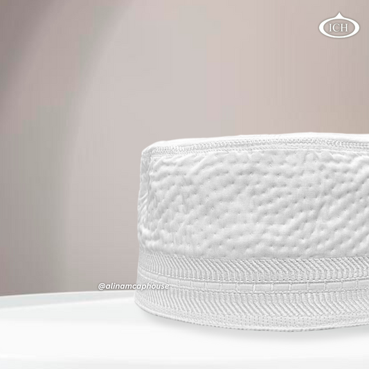 Al Inam Cap white, Muslim kufi prayer cap, side view, comfortable fit, AL INAM CAP HOUSE