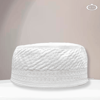 Al Inam Cap white (8 cm), premium Islamic prayer cap, front view, soft breathable fabric, AL INAM CAP HOUSE