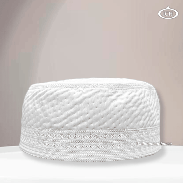 Al Inam Cap white (8 cm), premium Islamic prayer cap, front view, soft breathable fabric, AL INAM CAP HOUSE