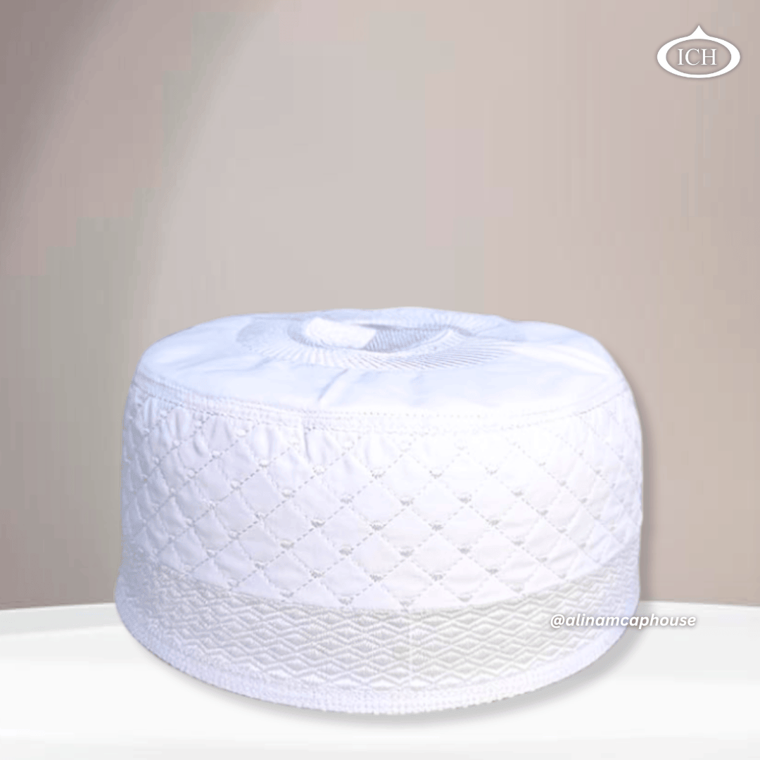 Al Inam Cap white, premium Islamic cap, angled view, tradition and devotion, AL INAM CAP HOUSE