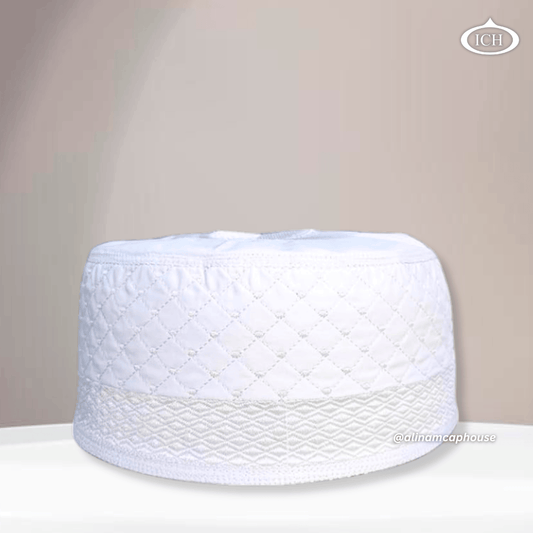 Al Inam Cap white, premium Islamic prayer cap, front view, soft breathable fabric, AL INAM CAP HOUSE