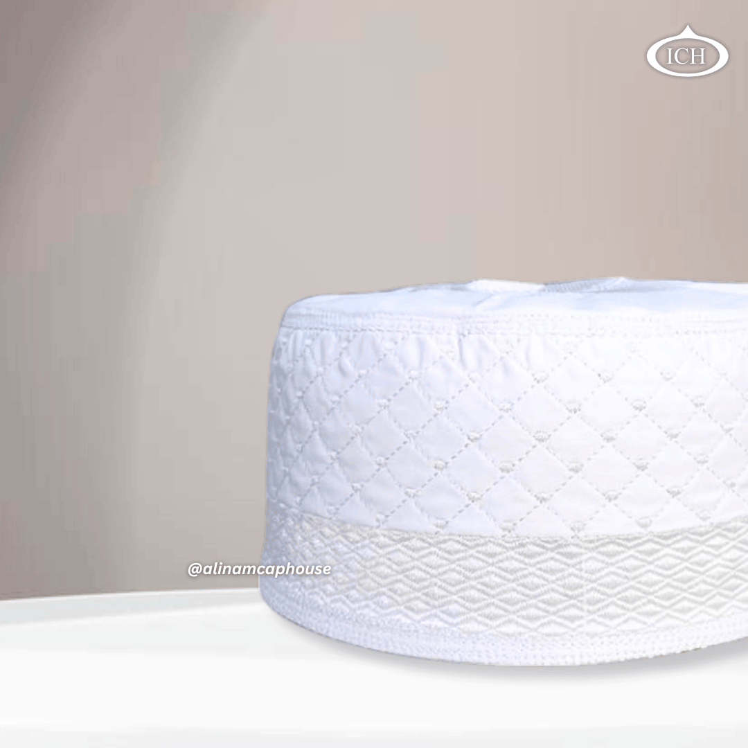 Al Inam Cap white, Muslim kufi prayer cap, side view, comfortable fit, AL INAM CAP HOUSE