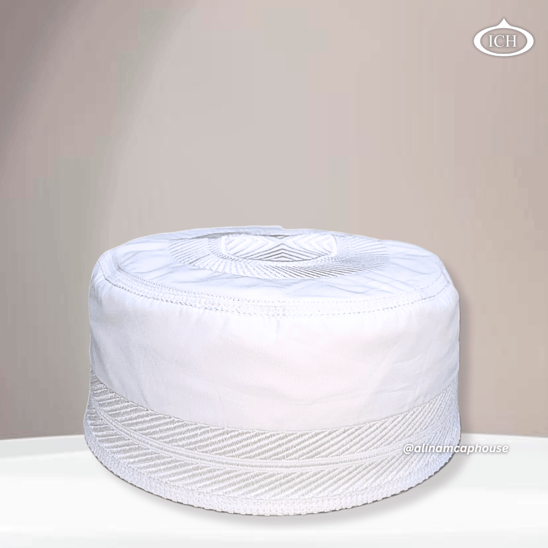 Al Inam Cap white, premium Islamic cap, angled view, tradition and devotion, AL INAM CAP HOUSE