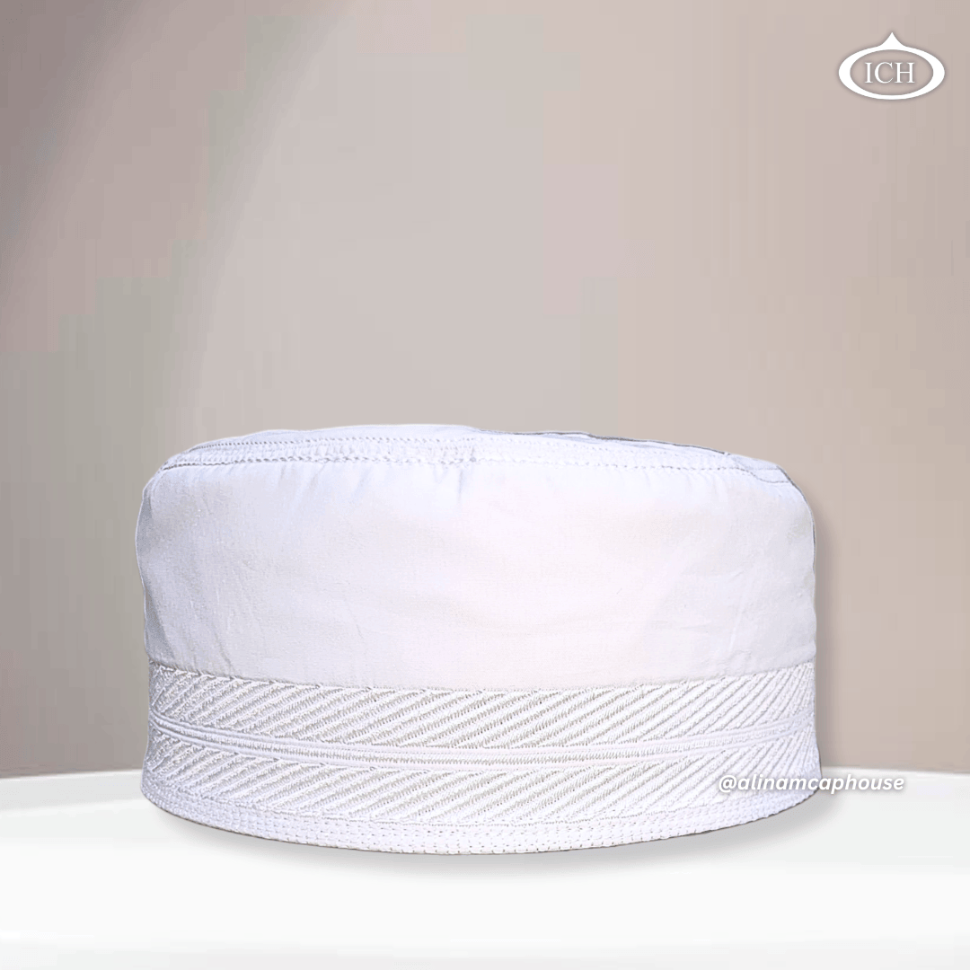 Al Inam Cap white, premium Islamic prayer cap, front view, soft breathable fabric, AL INAM CAP HOUSE