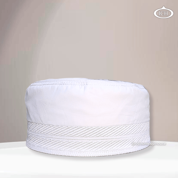 Al Inam Cap white, premium Islamic prayer cap, front view, soft breathable fabric, AL INAM CAP HOUSE