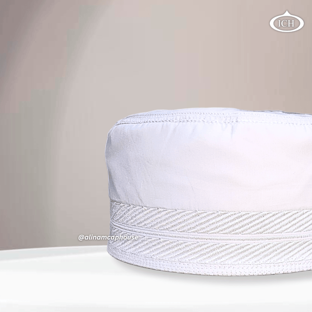 Al Inam Cap white, Muslim kufi prayer cap, side view, comfortable fit, AL INAM CAP HOUSE