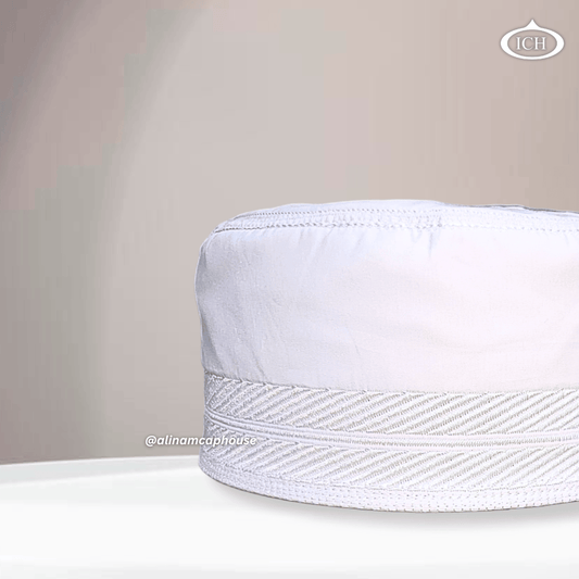 Al Inam Cap white, Muslim kufi prayer cap, side view, comfortable fit, AL INAM CAP HOUSE