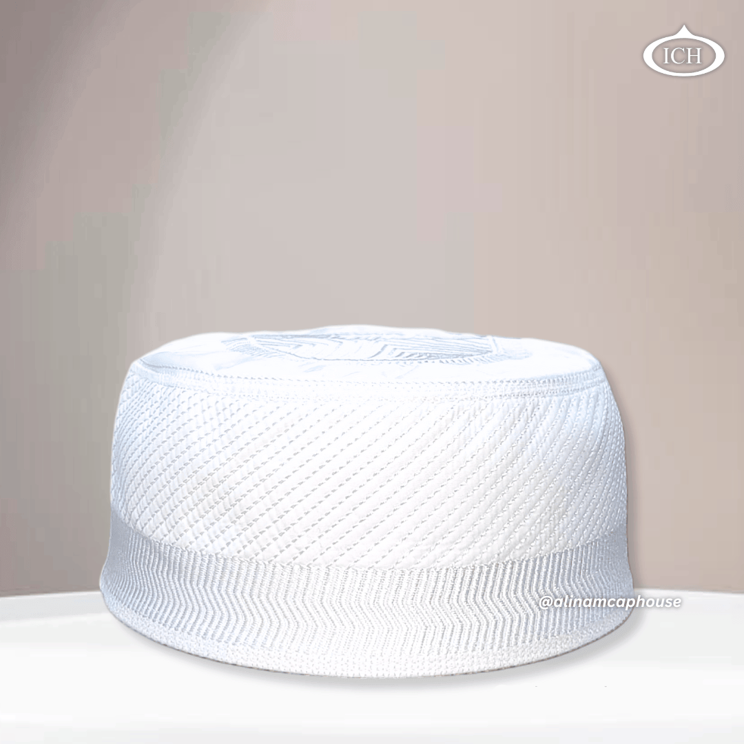Al Inam Cap white, premium Islamic cap, angled view, tradition and devotion, AL INAM CAP HOUSE