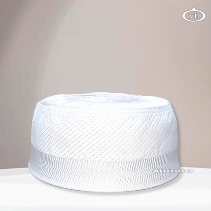 Al Inam Cap white, premium Islamic cap, angled view, tradition and devotion, AL INAM CAP HOUSE