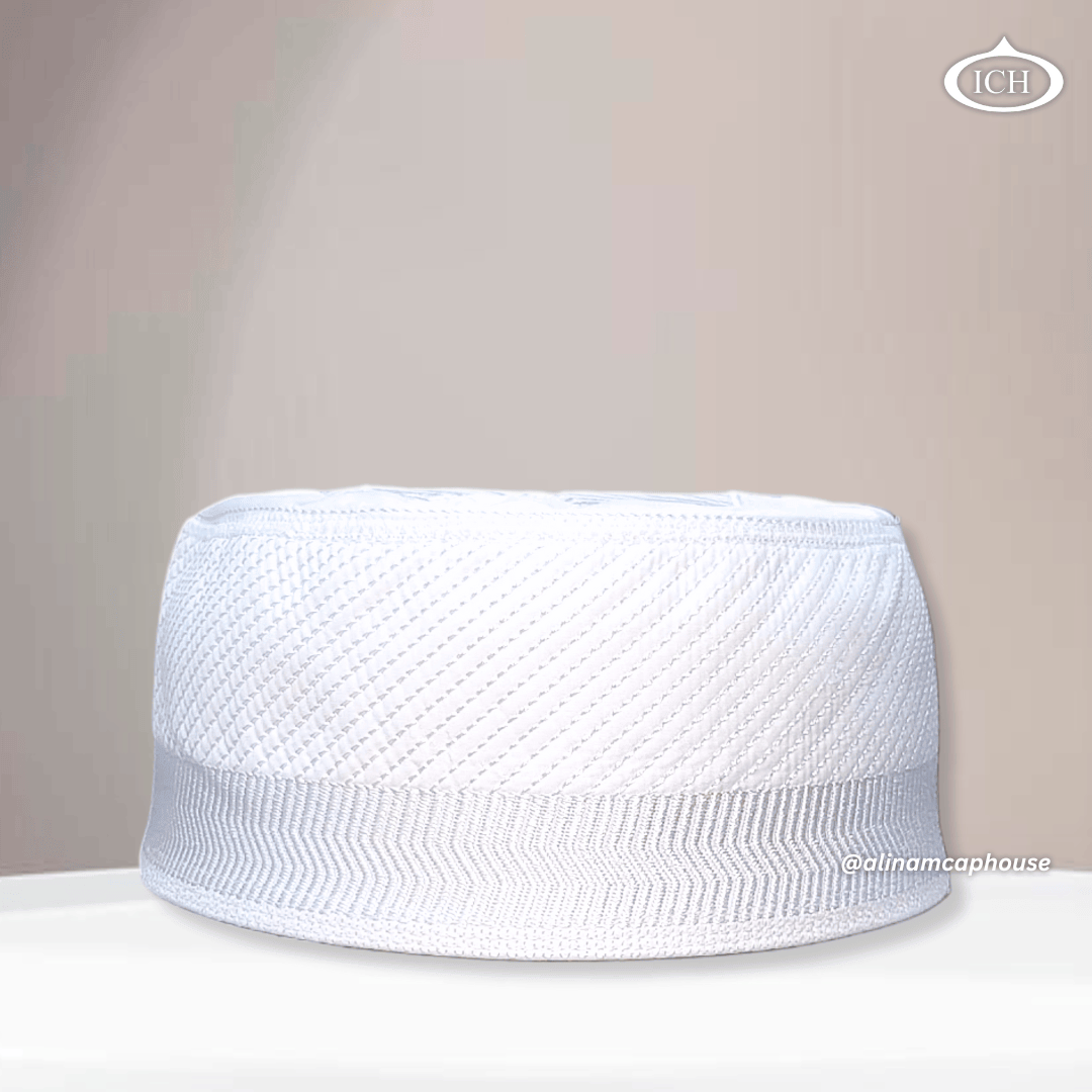 Al Inam Cap white, premium Islamic prayer cap, front view, soft breathable fabric, AL INAM CAP HOUSE