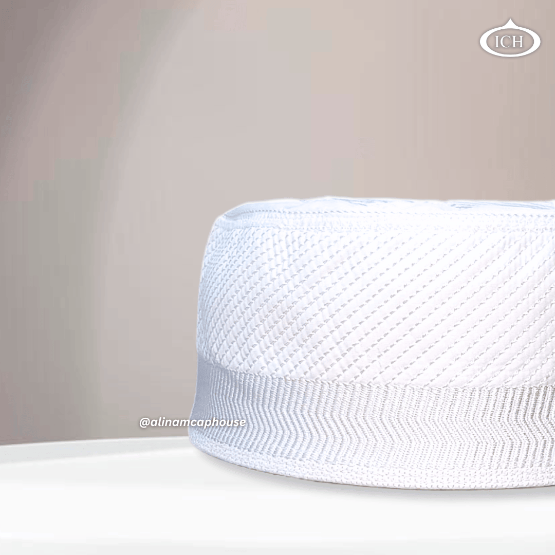 Al Inam Cap white, Muslim kufi prayer cap, side view, comfortable fit, AL INAM CAP HOUSE