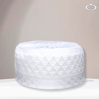 Al Inam Cap white-tone, premium Islamic cap, angled view, tradition and devotion, AL INAM CAP HOUSE