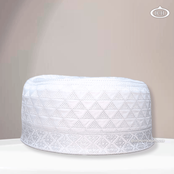 Al Inam Cap white-tone, premium Islamic prayer cap, front view, soft breathable fabric, AL INAM CAP HOUSE