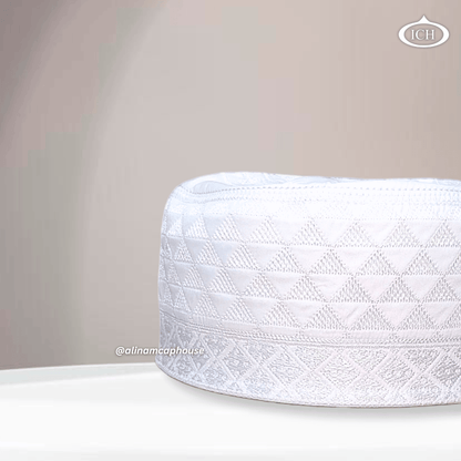 Al Inam Cap white-tone, Muslim kufi prayer cap, side view, comfortable fit, AL INAM CAP HOUSE