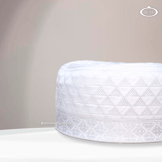 Al Inam Cap white-tone, Muslim kufi prayer cap, side view, comfortable fit, AL INAM CAP HOUSE