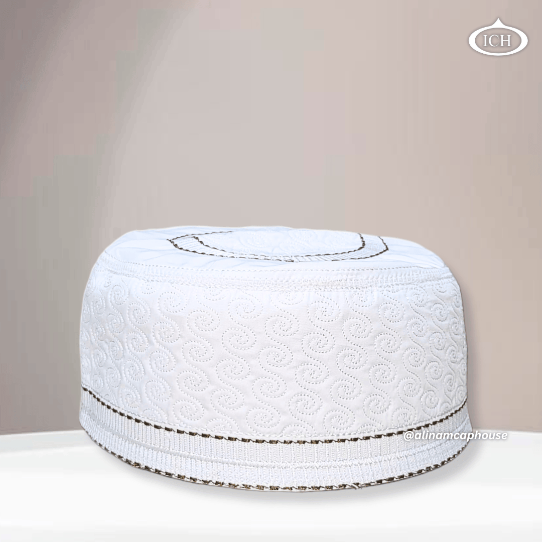 Al Inam Cap W09 white, premium Islamic cap, angled view, tradition and devotion, AL INAM CAP HOUSE