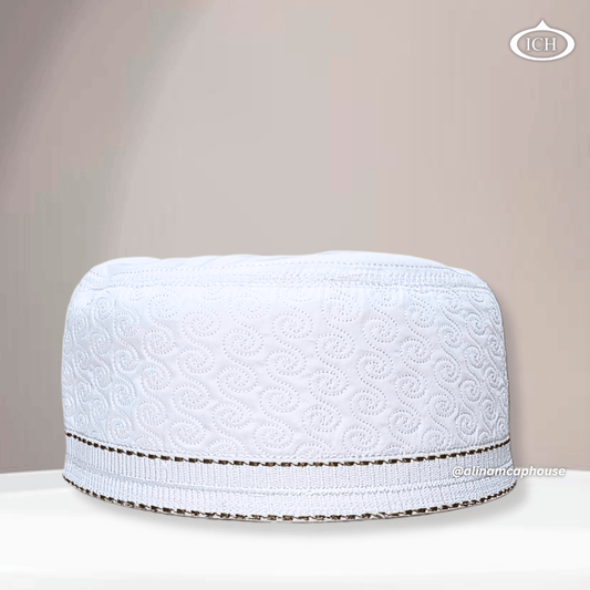 Al Inam Cap W09 white, premium Islamic prayer cap, front view, soft breathable fabric, AL INAM CAP HOUSE
