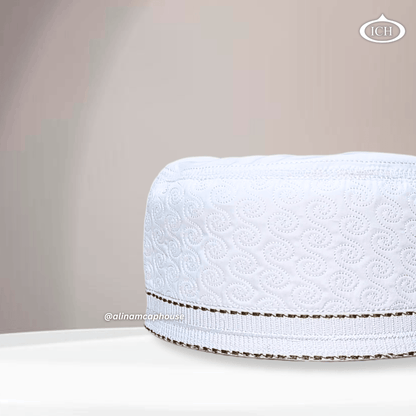 Al Inam Cap W09 white, Muslim kufi prayer cap, side view, comfortable fit, AL INAM CAP HOUSE