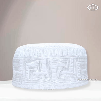 Al Inam Cap W10 white, premium Islamic prayer cap, front view, soft breathable fabric, AL INAM CAP HOUSE