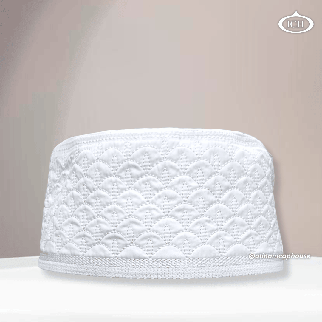 Al Inam Cap W11 white, premium Islamic prayer cap, front view, soft breathable fabric, AL INAM CAP HOUSE
