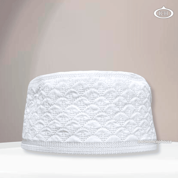 Al Inam Cap W11 white, premium Islamic prayer cap, front view, soft breathable fabric, AL INAM CAP HOUSE