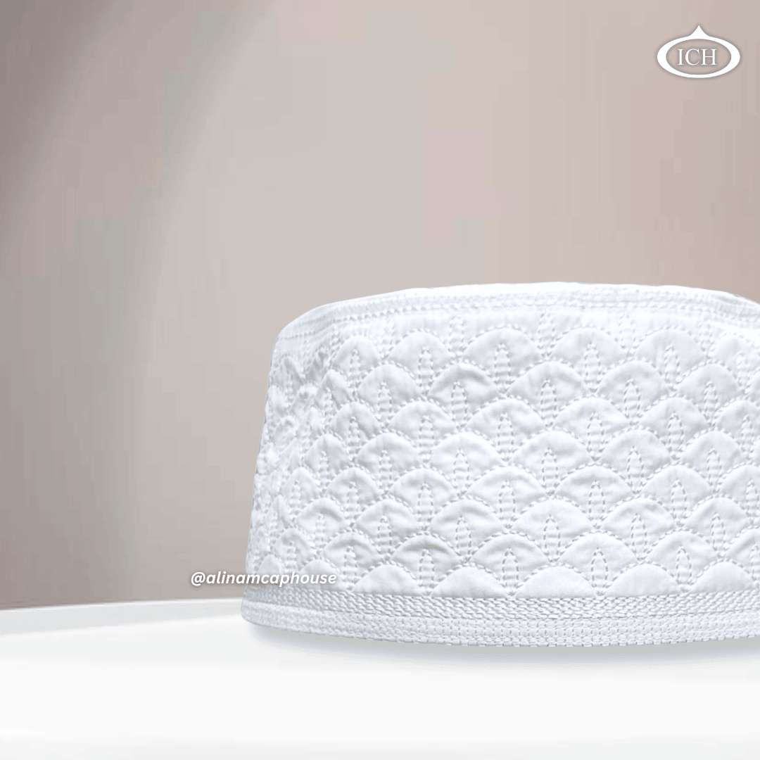 Al Inam Cap W11 white, Muslim kufi prayer cap, side view, comfortable fit, AL INAM CAP HOUSE