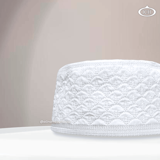 Al Inam Cap W11 white, Muslim kufi prayer cap, side view, comfortable fit, AL INAM CAP HOUSE