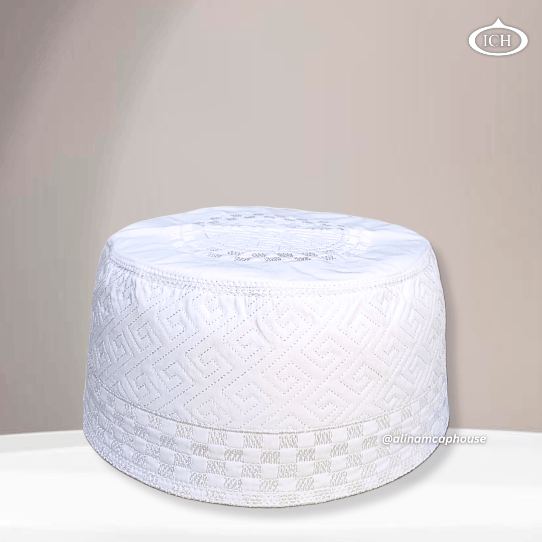 Al Inam Cap W12 white, premium Islamic cap, angled view, tradition and devotion, AL INAM CAP HOUSE