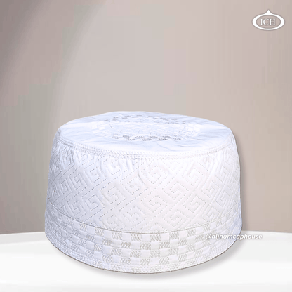 Al Inam Cap W12 white, premium Islamic cap, angled view, tradition and devotion, AL INAM CAP HOUSE