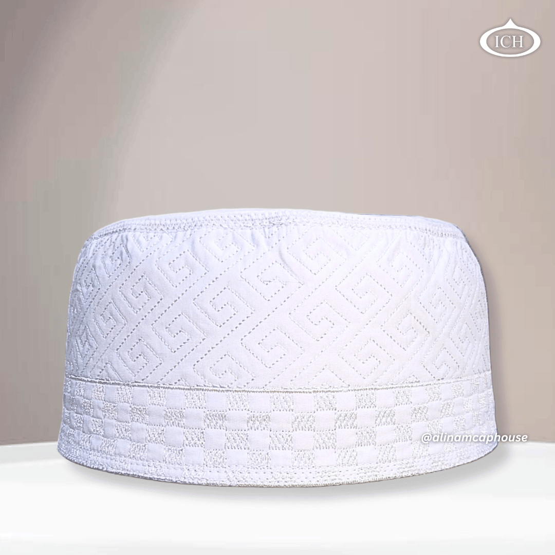 Al Inam Cap W12 white, premium Islamic prayer cap, front view, soft breathable fabric, AL INAM CAP HOUSE