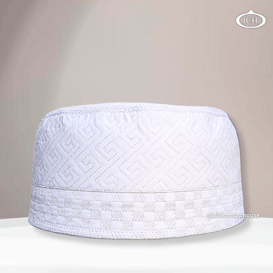 Al Inam Cap W12 white, premium Islamic prayer cap, front view, soft breathable fabric, AL INAM CAP HOUSE