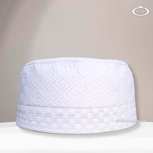 Al Inam Cap W12 white, premium Islamic prayer cap, front view, soft breathable fabric, AL INAM CAP HOUSE