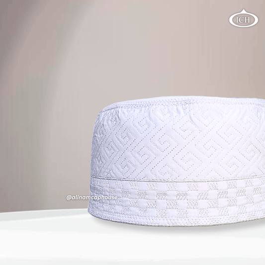Al Inam Cap W12 white, Muslim kufi prayer cap, side view, comfortable fit, AL INAM CAP HOUSE