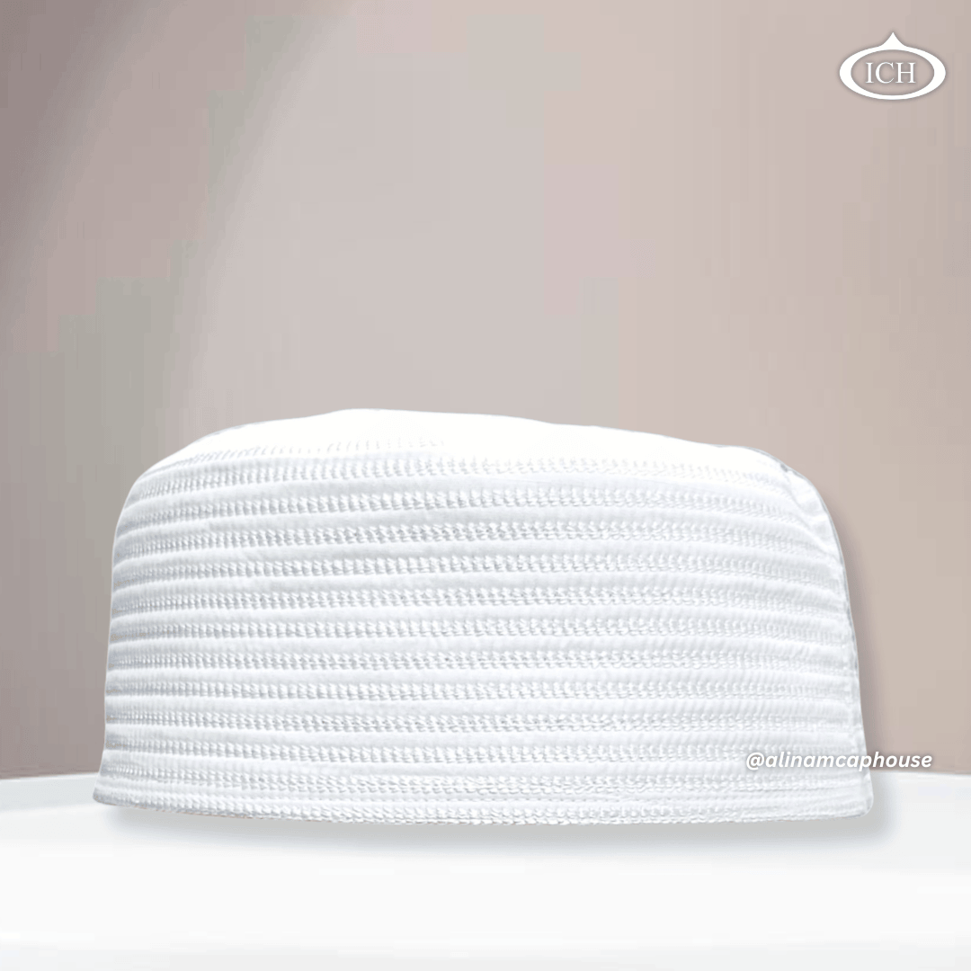 Al Inam Cap W13 white, premium Islamic prayer cap, front view, soft breathable fabric, AL INAM CAP HOUSE