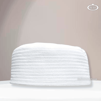 Al Inam Cap W13 white, premium Islamic prayer cap, front view, soft breathable fabric, AL INAM CAP HOUSE