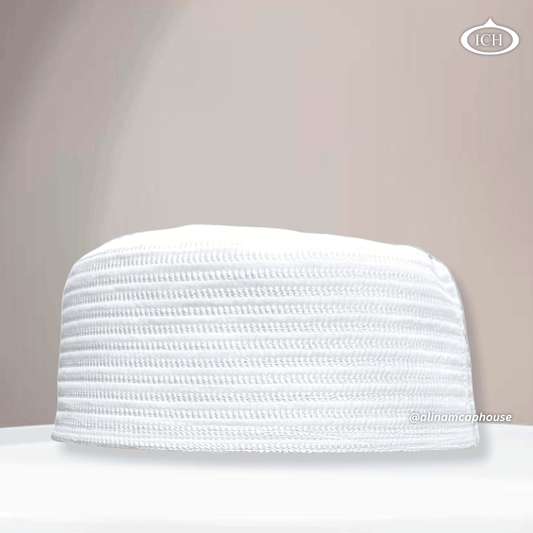 Al Inam Cap W13 white, premium Islamic prayer cap, front view, soft breathable fabric, AL INAM CAP HOUSE