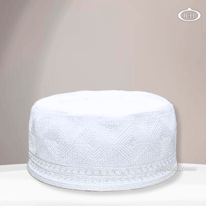 Al Inam Cap W14 white, premium Islamic cap, angled view, tradition and devotion, AL INAM CAP HOUSE