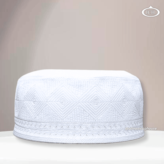 Al Inam Cap W14 white, premium Islamic prayer cap, front view, soft breathable fabric, AL INAM CAP HOUSE