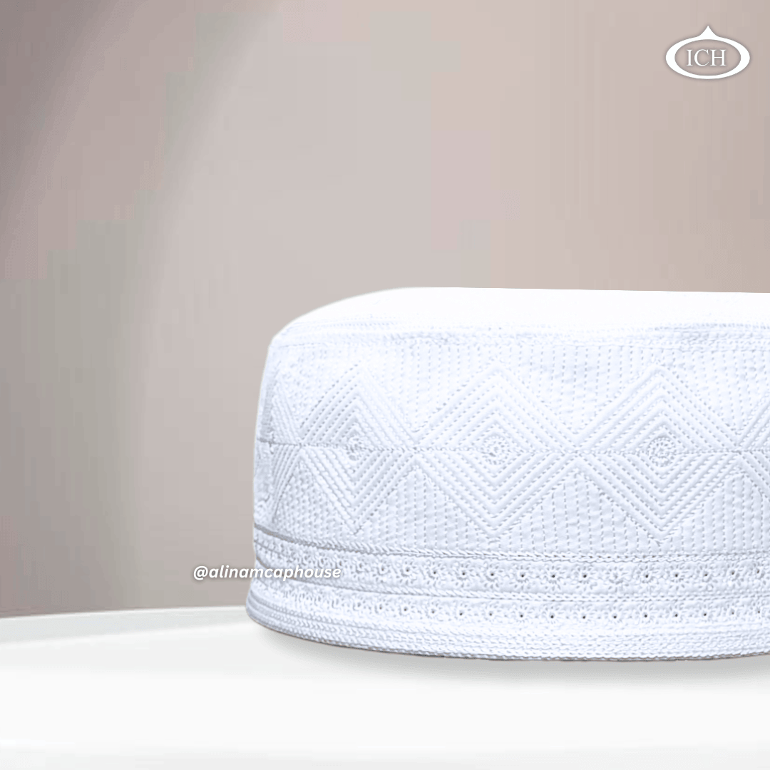 Al Inam Cap W14 white, Muslim kufi prayer cap, side view, comfortable fit, AL INAM CAP HOUSE