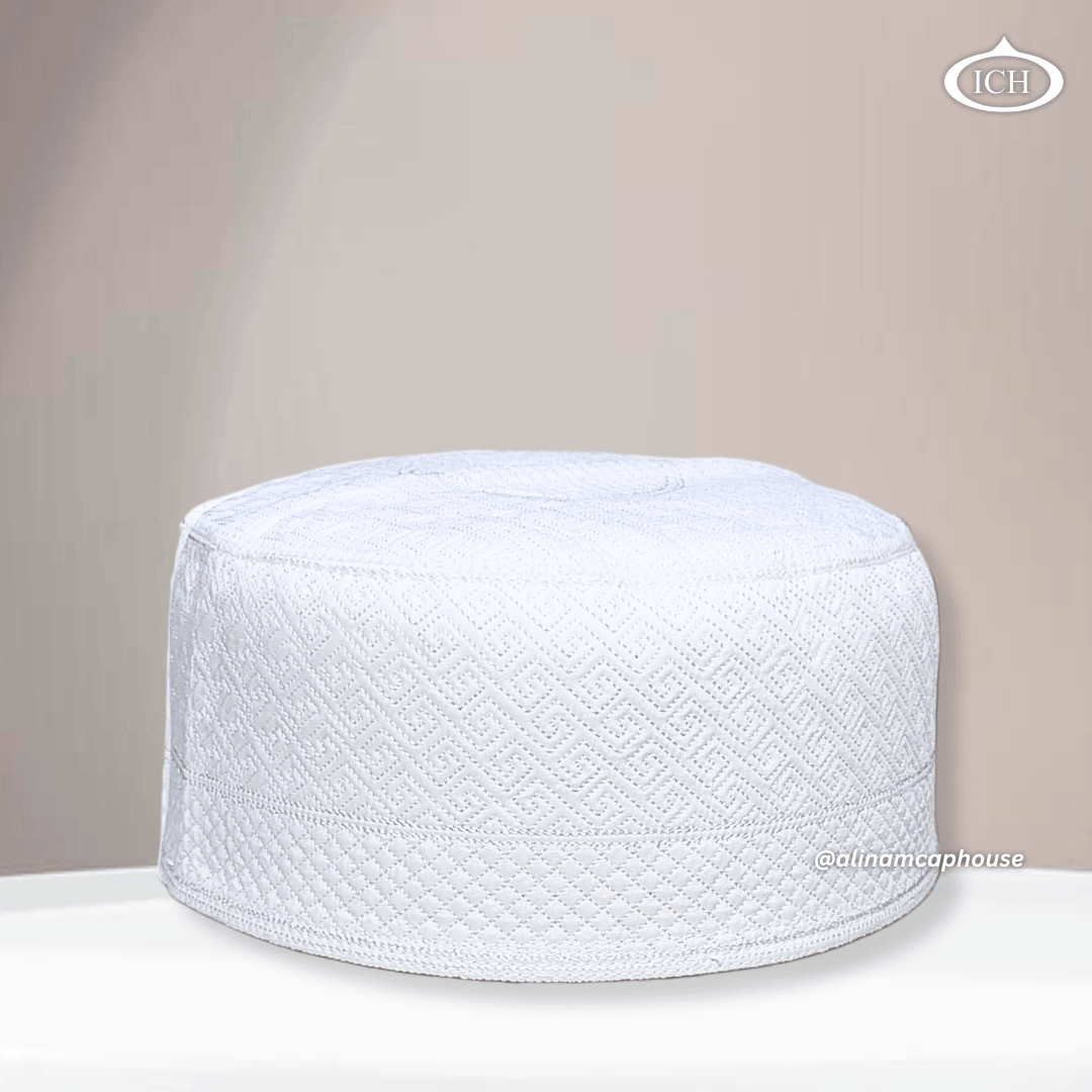 Al Inam Cap W15 white, premium Islamic cap, angled view, tradition and devotion, AL INAM CAP HOUSE