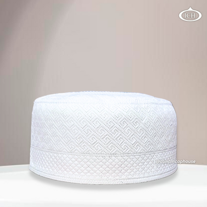 Al Inam Cap W15 white, premium Islamic prayer cap, front view, soft breathable fabric, AL INAM CAP HOUSE