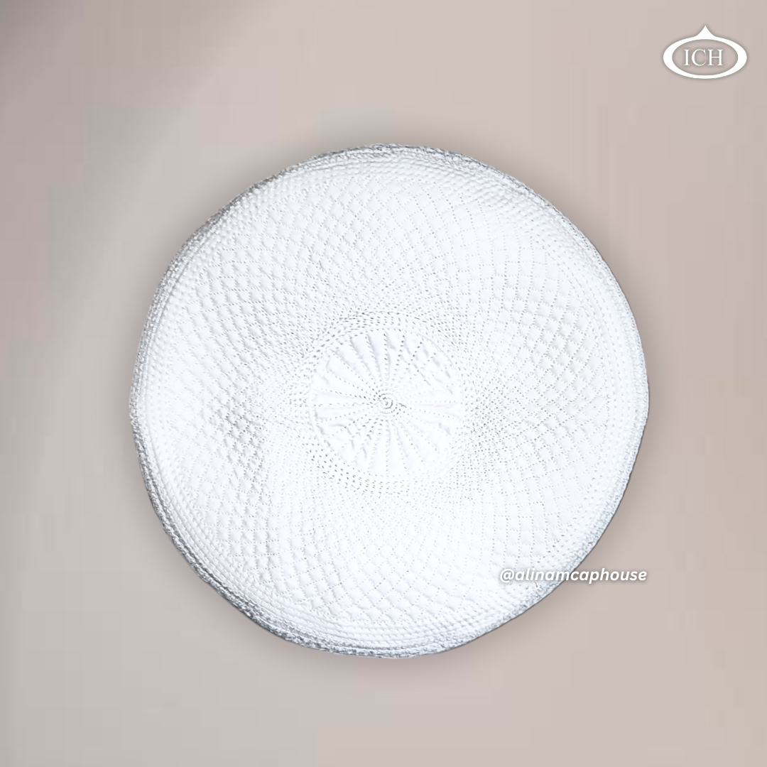 Al Inam Cap W15 white, elegant kufi design, top view, Islamic essentials, AL INAM CAP HOUSE