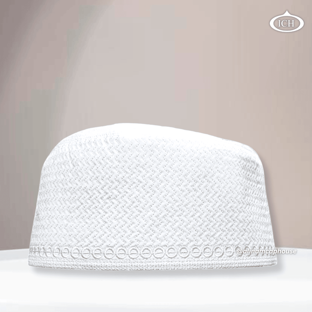 Al Inam Cap W16 white, premium Islamic prayer cap, front view, soft breathable fabric, AL INAM CAP HOUSE