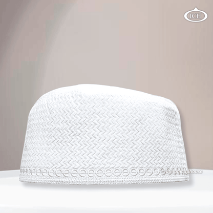 Al Inam Cap W16 white, premium Islamic prayer cap, front view, soft breathable fabric, AL INAM CAP HOUSE