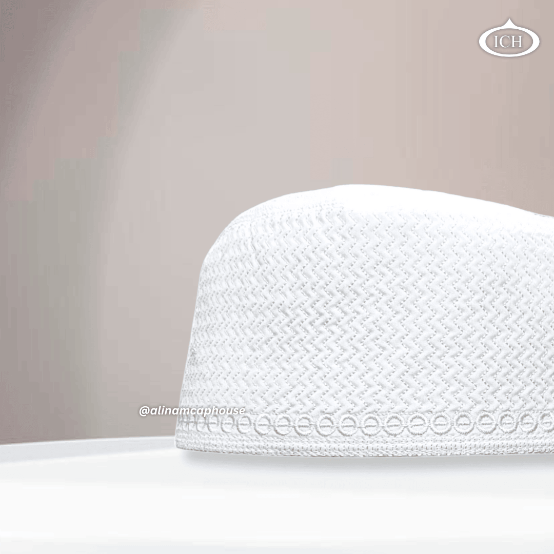 Al Inam Cap W16 white, Muslim kufi prayer cap, side view, comfortable fit, AL INAM CAP HOUSE