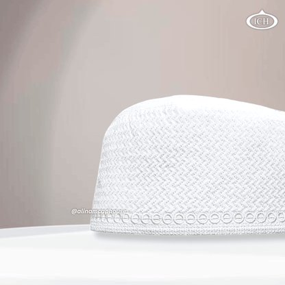 Al Inam Cap W16 white, Muslim kufi prayer cap, side view, comfortable fit, AL INAM CAP HOUSE