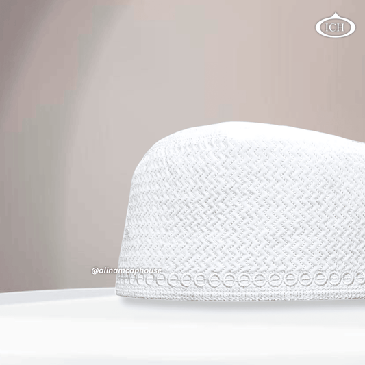 Al Inam Cap W16 white, Muslim kufi prayer cap, side view, comfortable fit, AL INAM CAP HOUSE