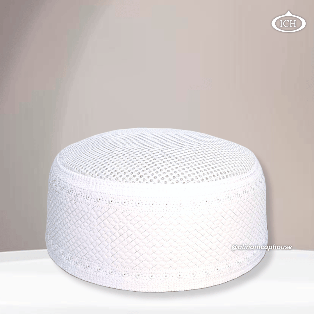 AL INAM CAP white, premium Islamic cap, angled view, tradition & devotion, AL INAM CAP HOUSE